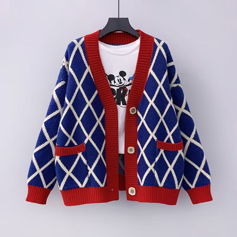 Ladies chunky knit checked pattern cardigan Lune London