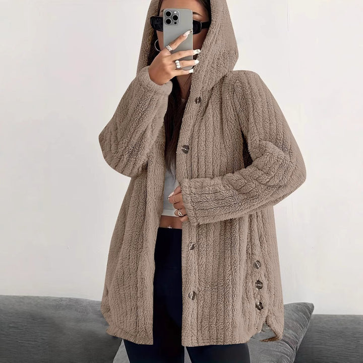 Lady long cozy jacket with long sleeves, hood, and button trim Lune London