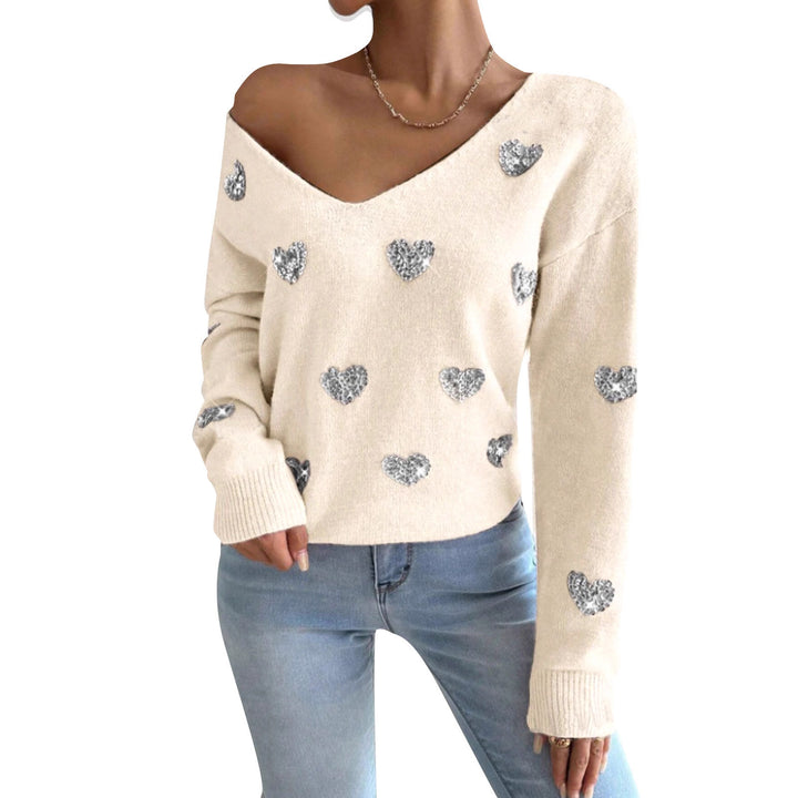 Pull surdimensionné pour femmes avec décolleté en V profond et motif cœur Chic & Stil