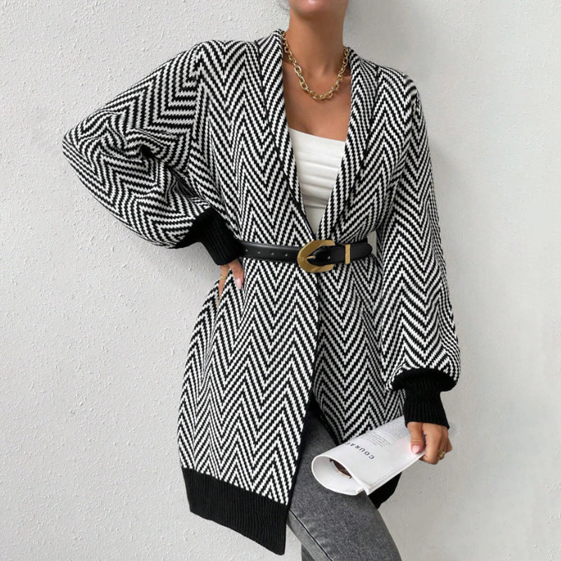 Women Long-Sleeve Cardigan In Modern Chevron Design Lune London
