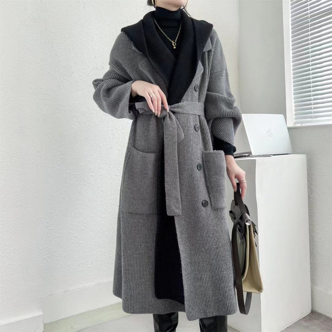 Elegant ladies long coat with belt and contrasting sleeves Lune London