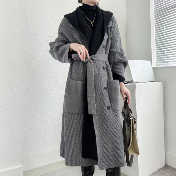 Elegant ladies long coat with belt and contrasting sleeves Lune London