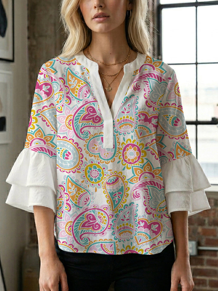 Women's blouse with voluminous wing sleeves and intense leaf pattern Lune London