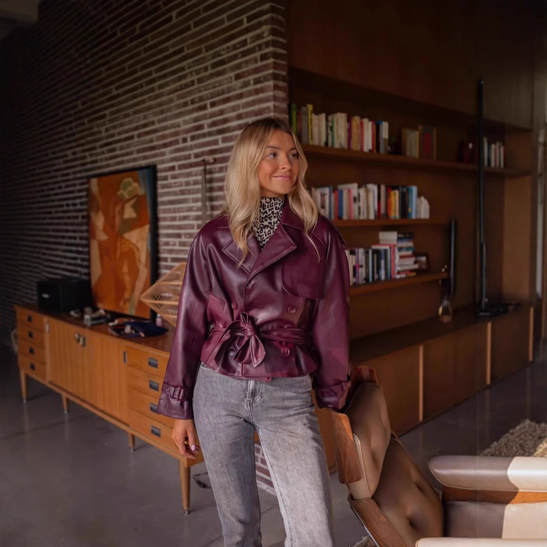 Short faux leather jacket for women with structured design and belted waist Lune London