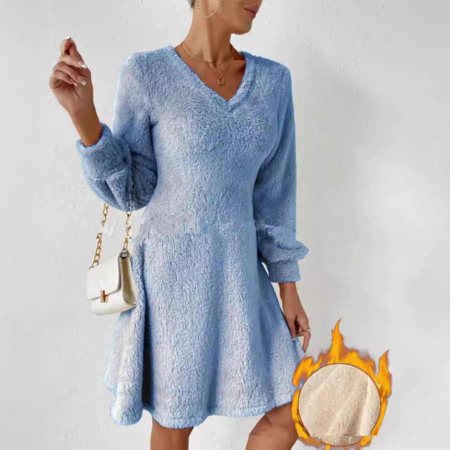 V-neck plush dress for women with long sleeves and flared hem Lune London
