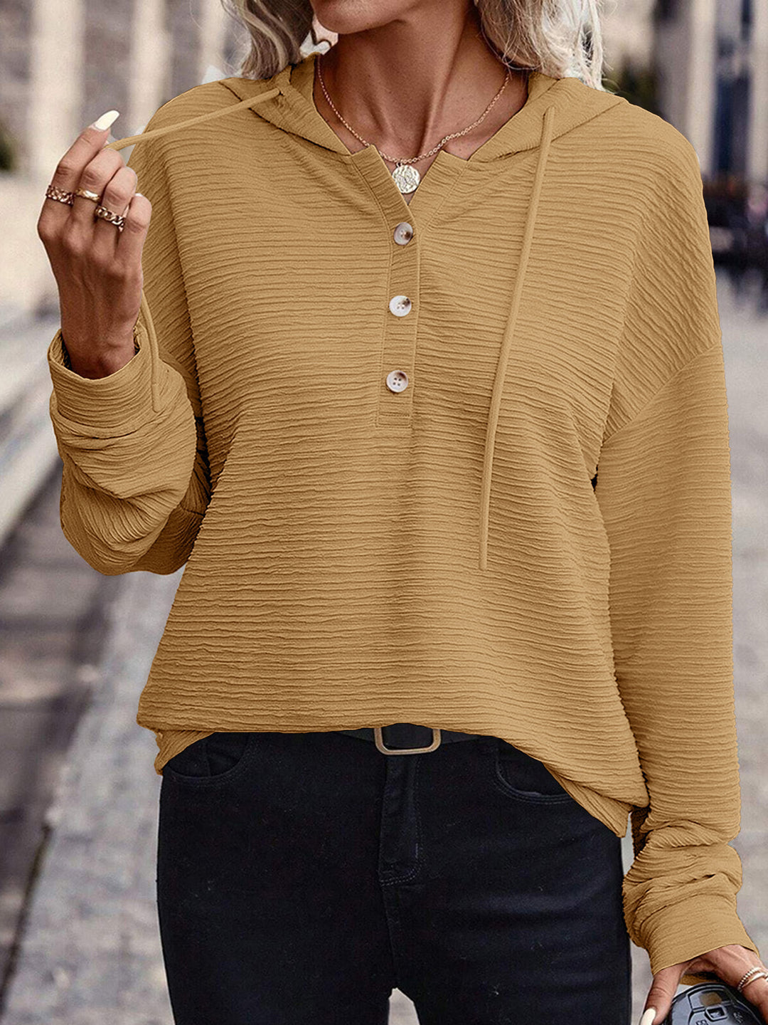 Women's textured fabric hoodie with stylish button details Lune London