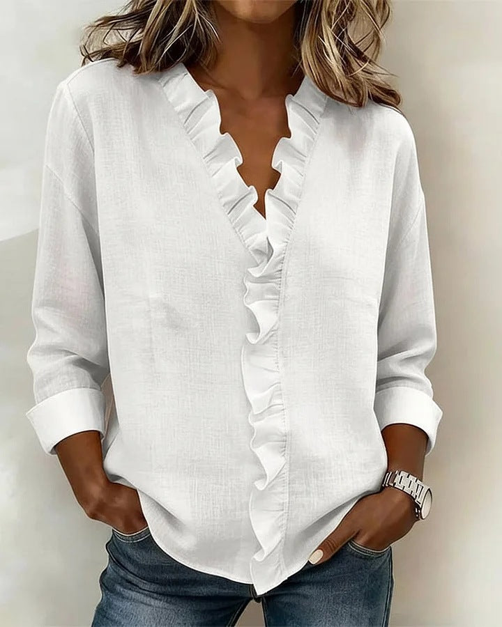 Women's romantic blouse with ruffle details and V-neck Lune London