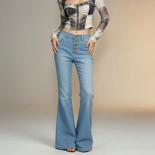 Women’s flared jeans with colorful button details and high waistband Lune London