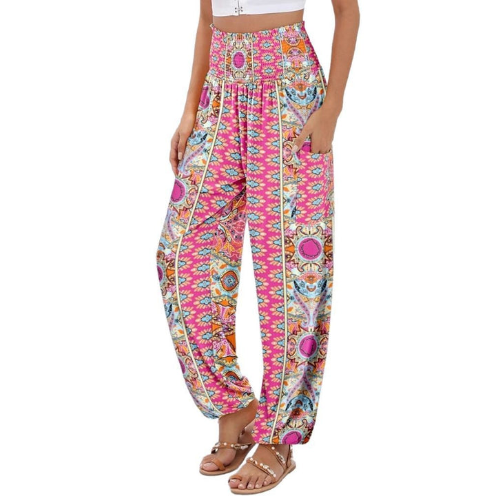 Wide Palazzo pants for women with colorful Paisley pattern and elastic waistband Lune London