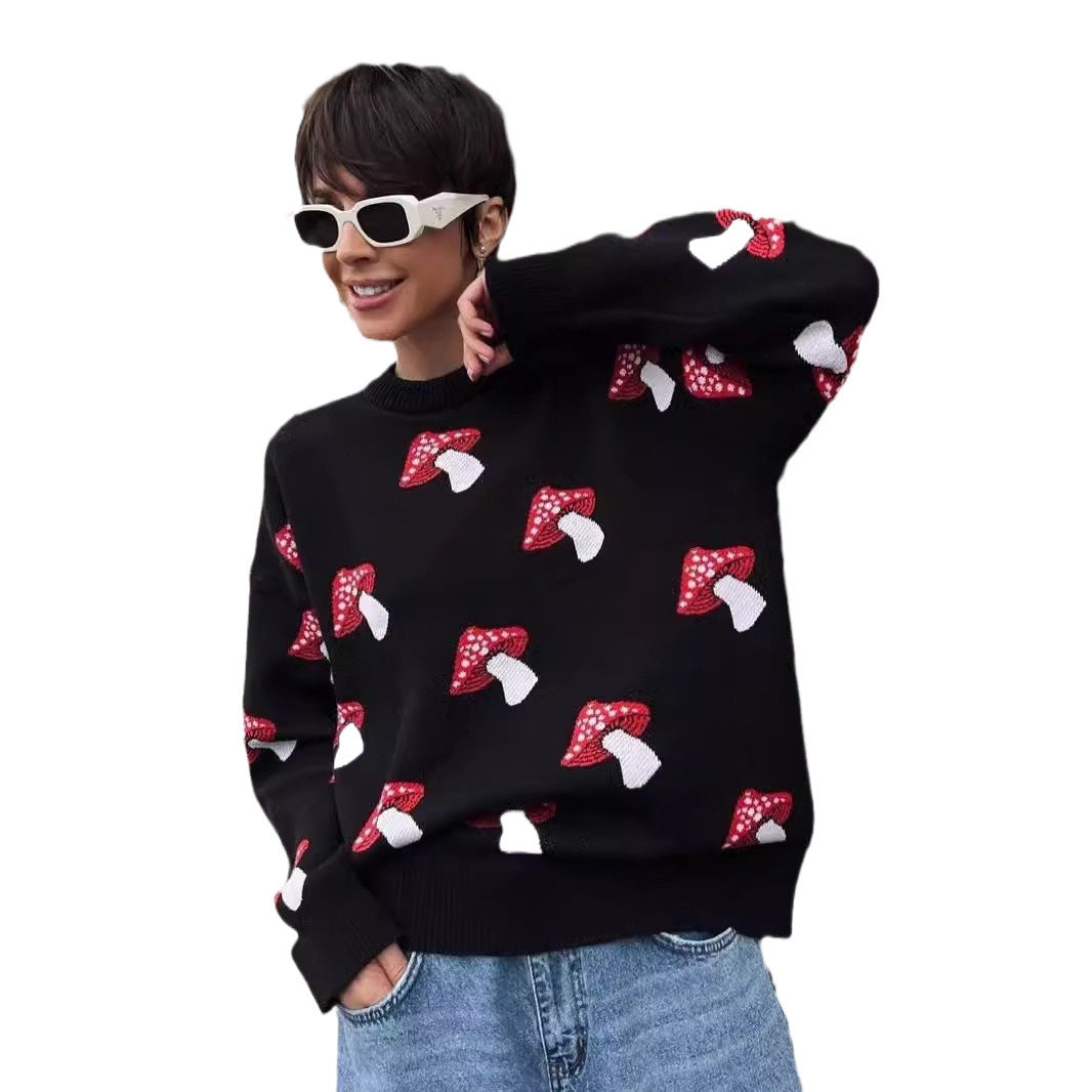 Knitted sweater for ladies with playful mushroom pattern Lune London