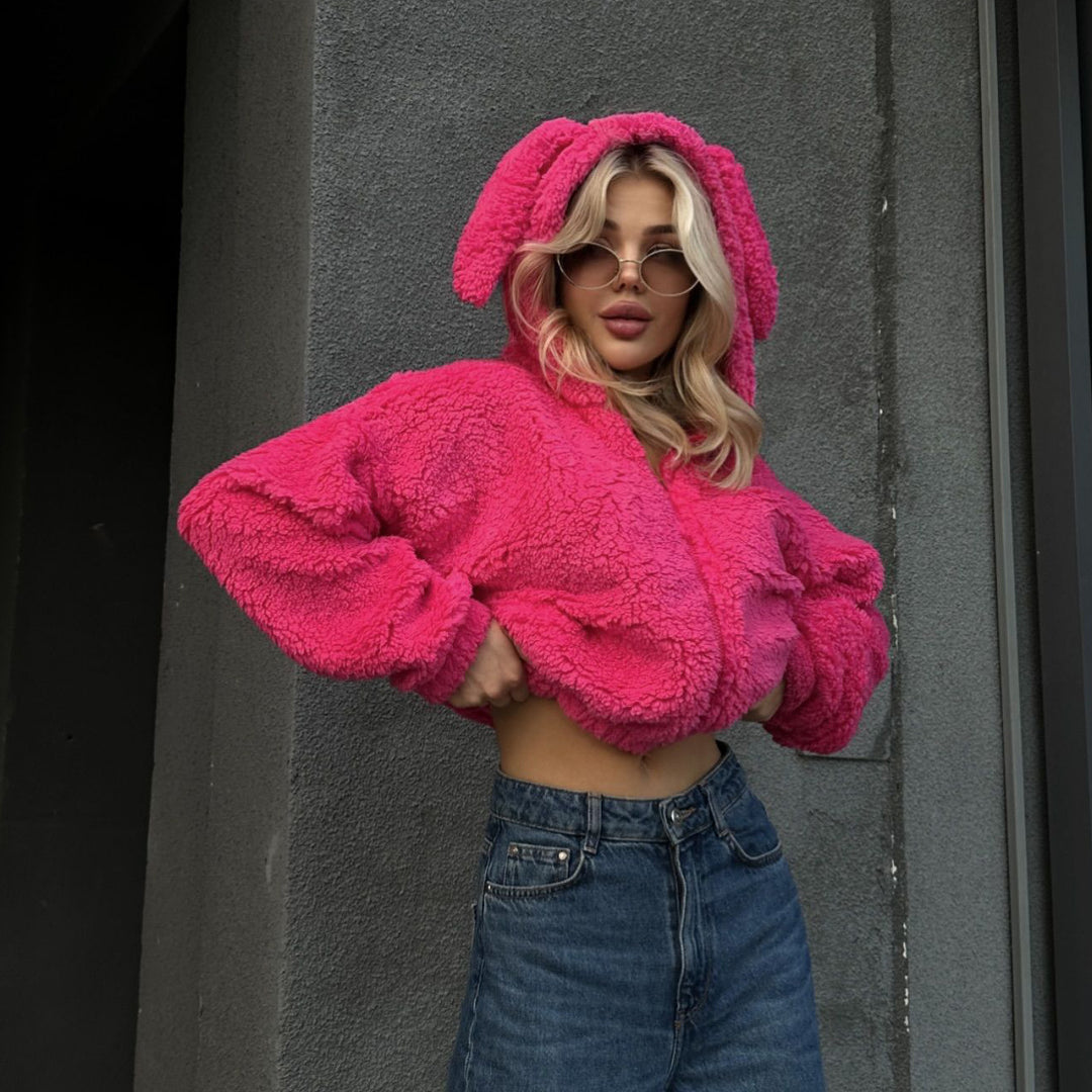 Ladies comfortable fleece jacket with animal hood design Lune London