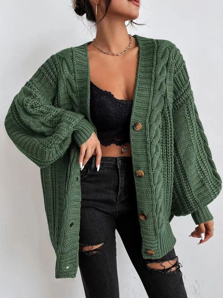 Oversized knitted cardigan for women with an elegant cable pattern and practical buttons Lune London
