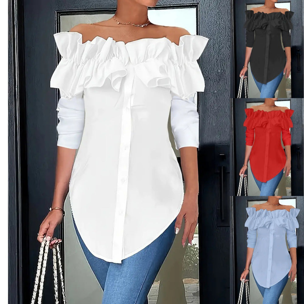 Women's off-shoulder blouse with ruffles and button placket Lune London