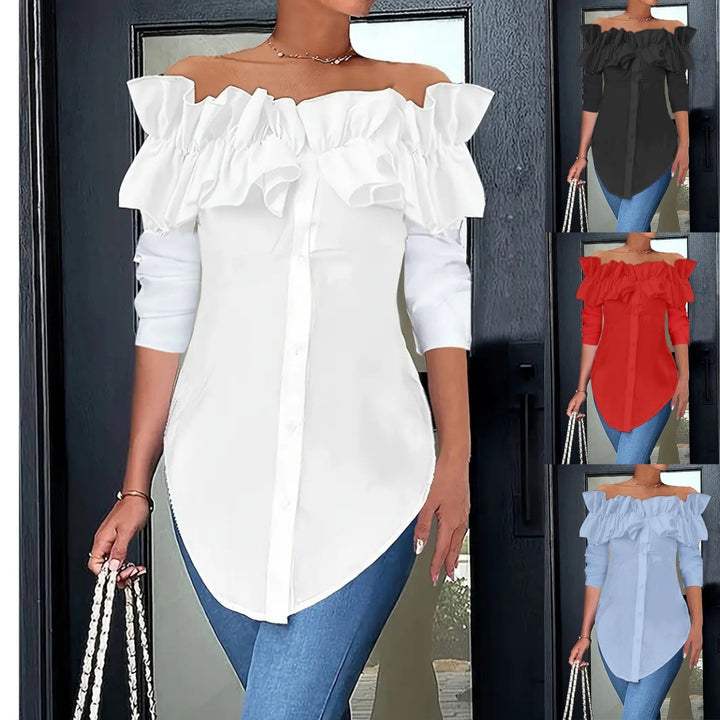 Women's off-shoulder blouse with ruffles and button placket Lune London