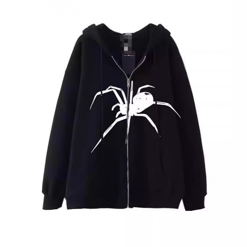 Women's hooded jacket with creative spider motif and practical zipper Lune London