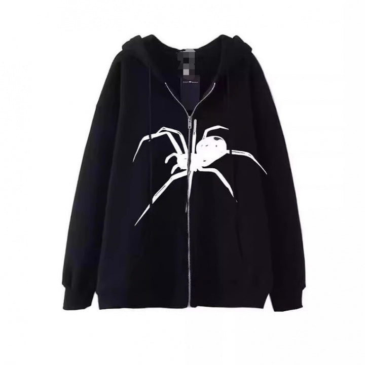Women's hooded jacket with creative spider motif and practical zipper Lune London
