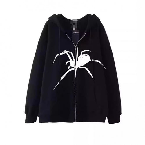 Women's hooded jacket with creative spider motif and practical zipper Lune London