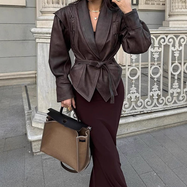 Designer leather blazer for women with belt and decorative lace details Lune London