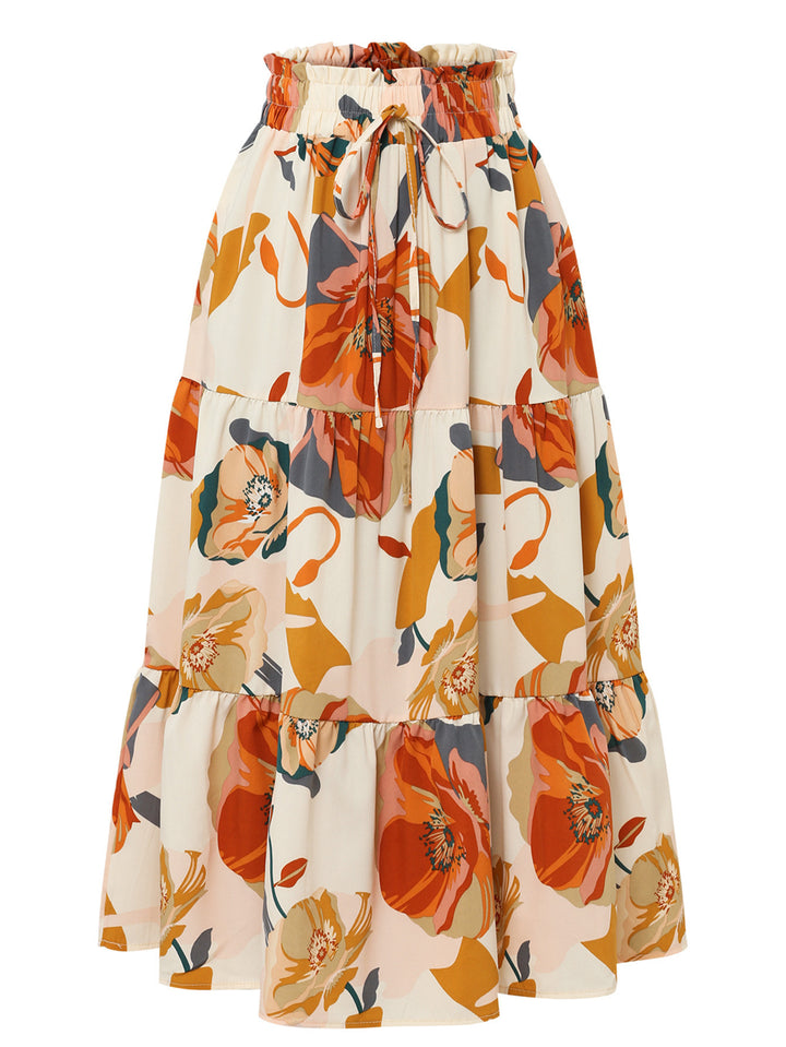 Maxi skirt for women with voluminous ruffles and a floral print Lune London