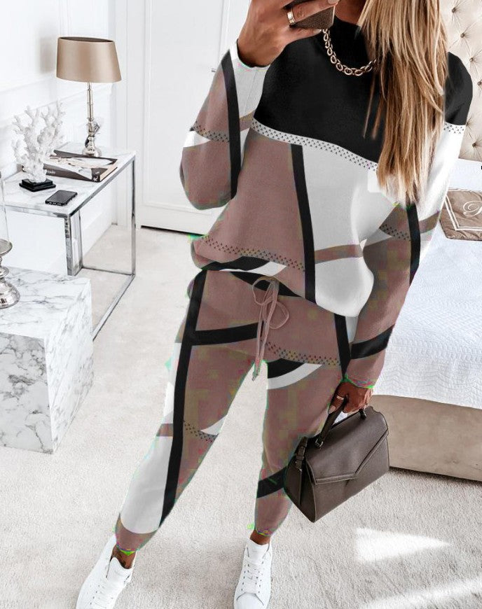 Ladies Stylish Leisure Set with Geometric Pattern and Chic Cut