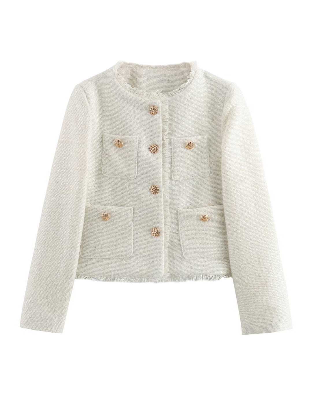 Elegant tweed jacket for women with fringes and decorative buttons Lune London