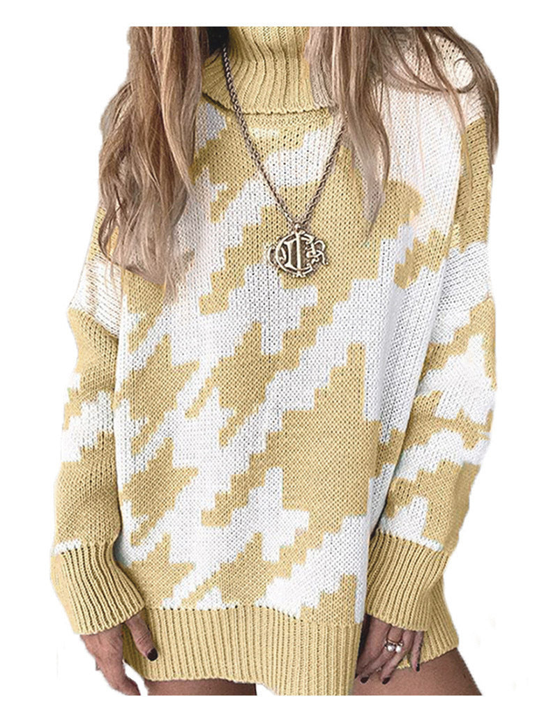 Knit sweater for women with high collar and modern zigzag pattern Lune London