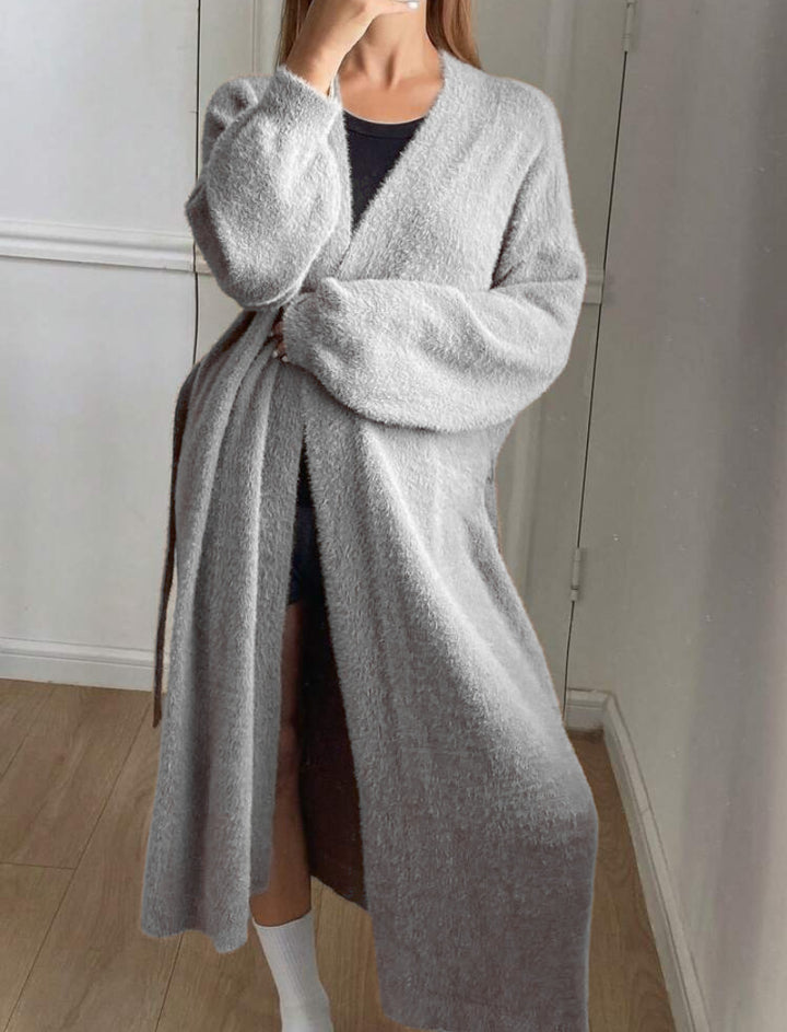 Ladies Long, soft cardigan with tie belt and V-neck Lune London