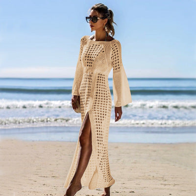 Women's Airy Crochet Beach Dress with Long Sleeves and Side Slit Lune London
