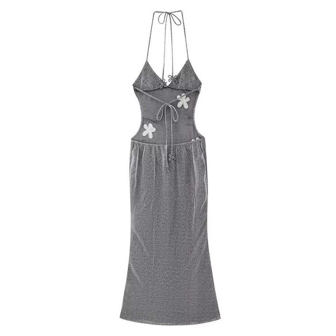 Maxi dress woman with floral appliqués and tie-up top Lune London