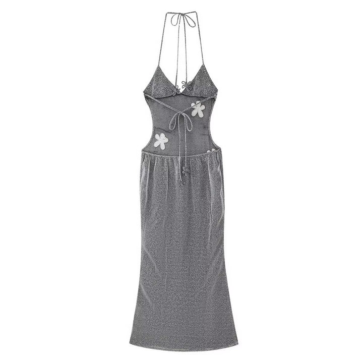 Maxi dress woman with floral appliqués and tie-up top Lune London