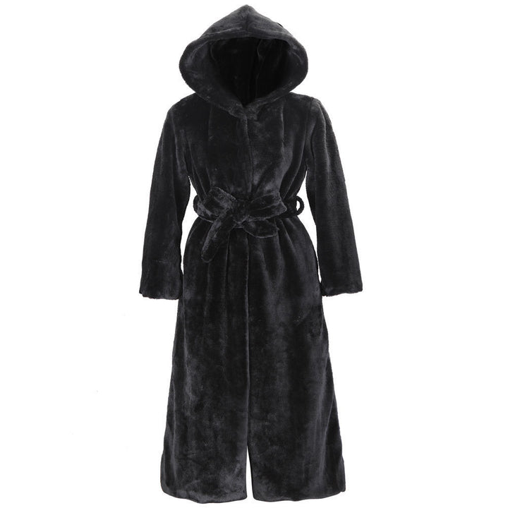 Luxury faux fur coat for women with hood and wide belt Lune London