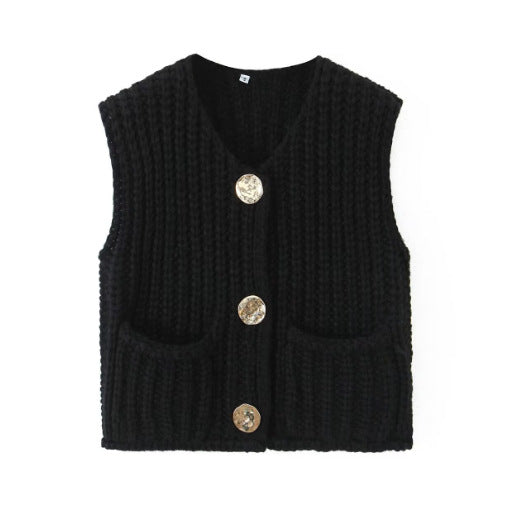 Knitted vest for women with decorative buttons and practical pockets Lune London