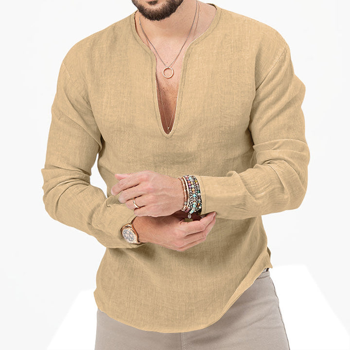 Lightweight long-sleeve shirt for men with deep round neckline and playful cut Lune London