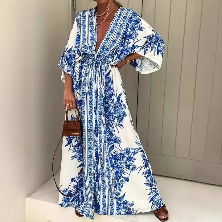 Bohemian maxi dress for women with elegant V-neck and fitted belt Lune London