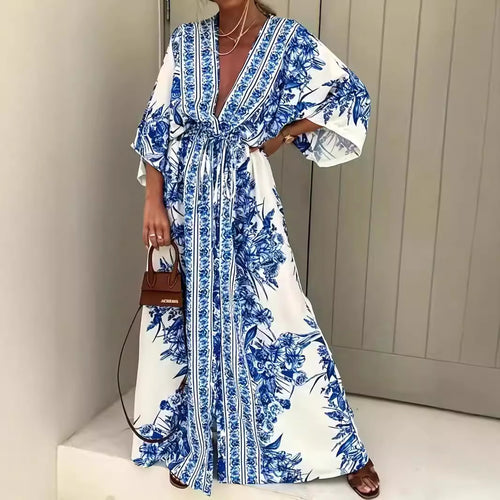Bohemian maxi dress for women with elegant V-neck and fitted belt Lune London