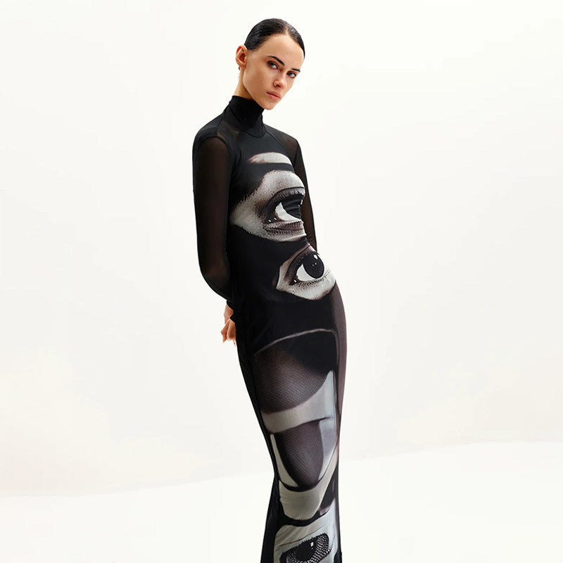 Women's Long Sleeve Maxi Dress with Graphic Pattern and High Neck Collar Lune London