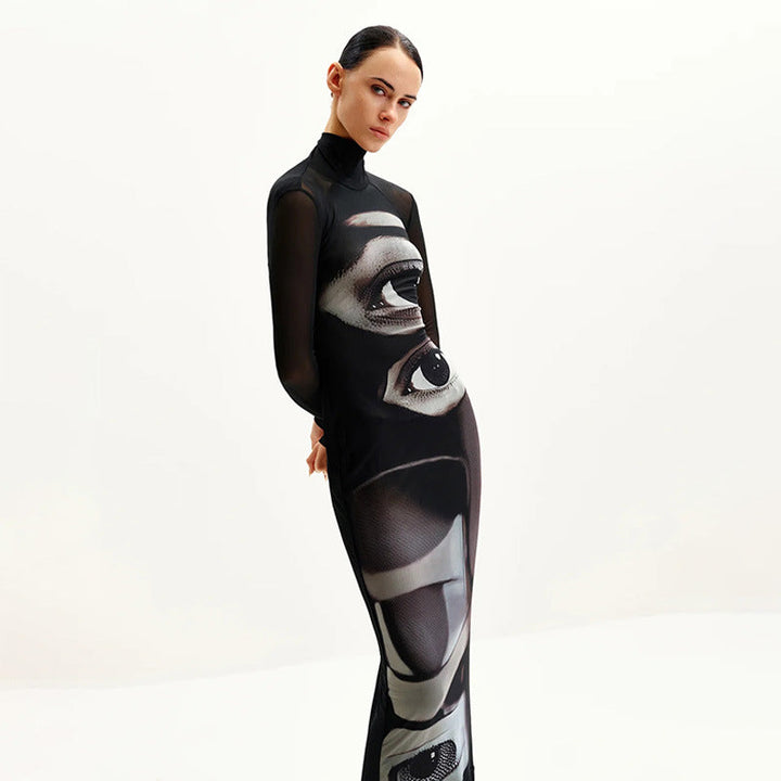 Women's Long Sleeve Maxi Dress with Graphic Pattern and High Neck Collar Lune London