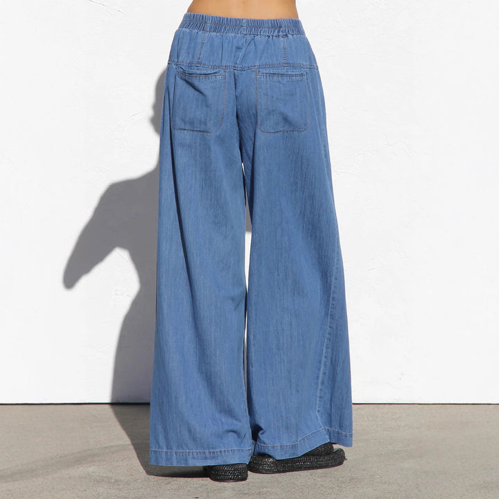Ladies wide denim hotpants with elastic waistband and button details Lune London