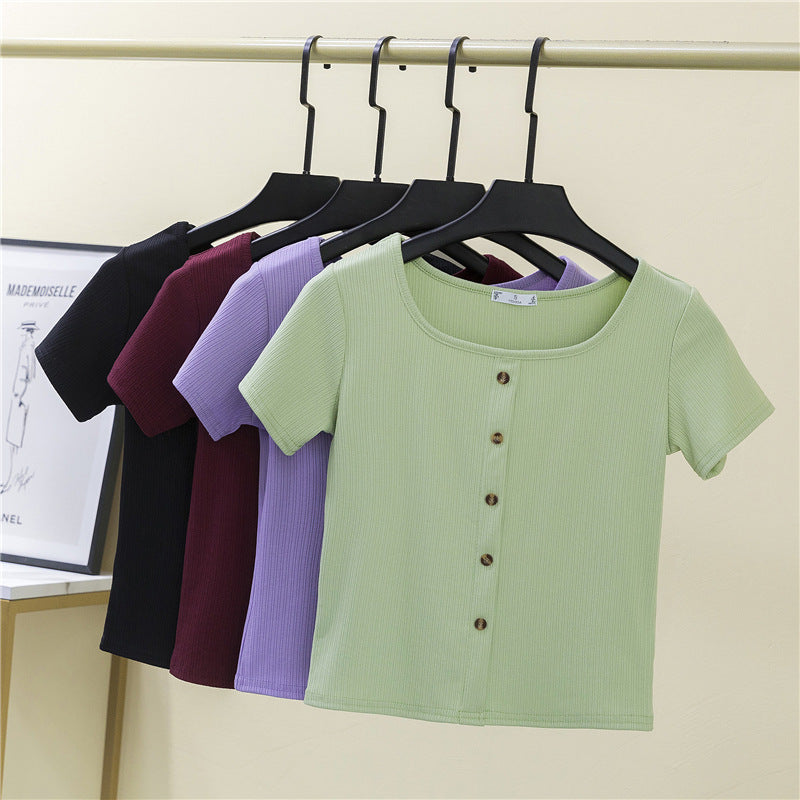 Women's short-sleeve shirt with decorative button placket and modern ribbed knit Lune London