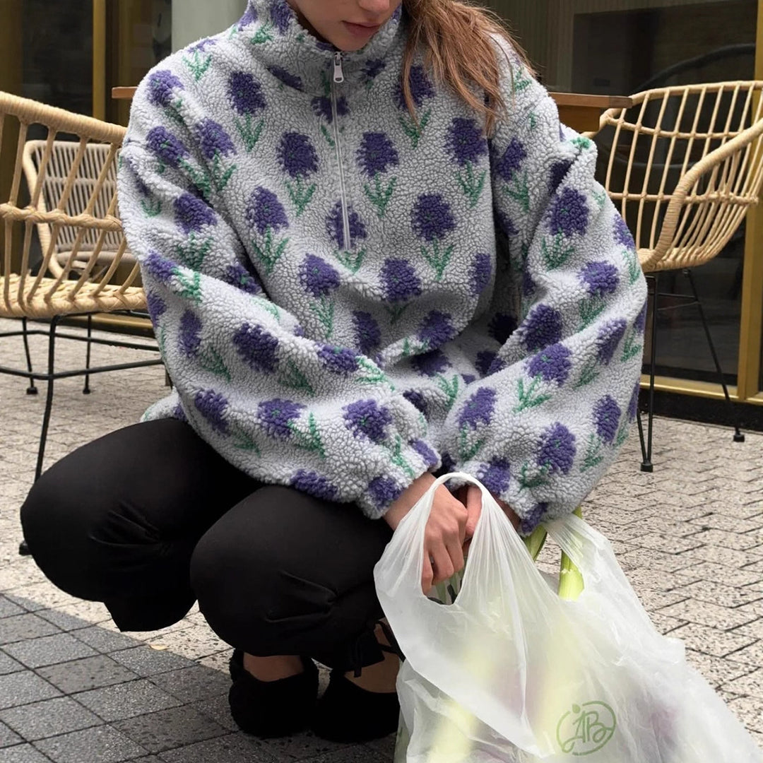Pullover en polaire pour femmes avec motif floral et col haut Chic & Stil