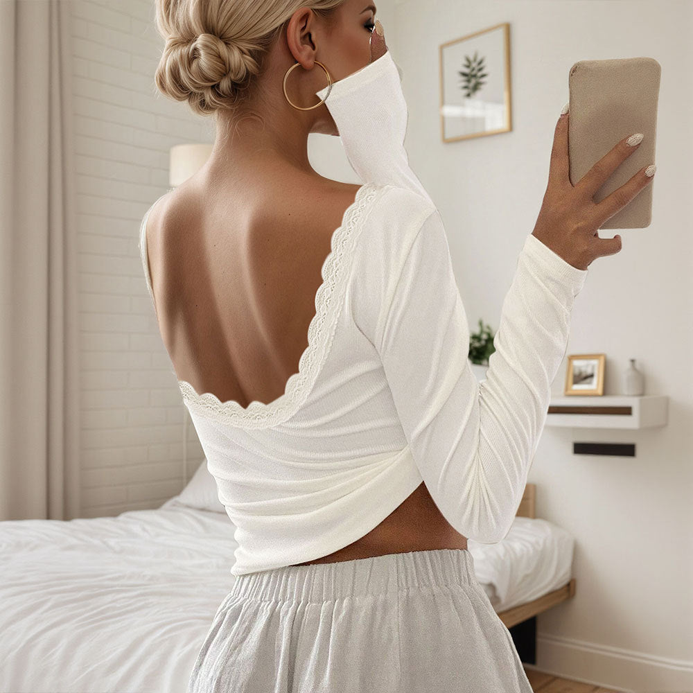 Chemise à manches longues pour femmes avec décolleté profond au dos et embellissement en dentelle élégante Chic & Stil