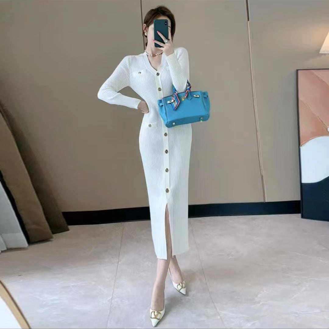 Knit dress for women with button placket and deep slit Lune London