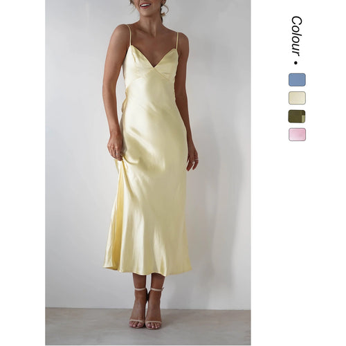 Ladies Satin Maxi Dress in elegant cut with narrow spaghetti straps Lune London