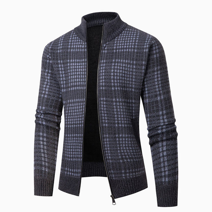 Elegant knit jacket for men with a modern check pattern and a high collar Lune London