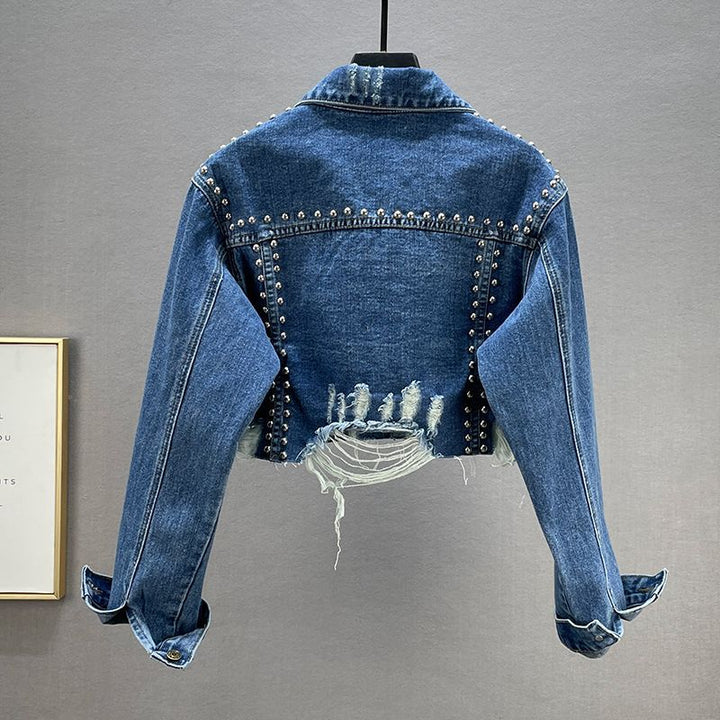 Veste en jean de créateur pour femmes avec clous et franges Chic & Stil