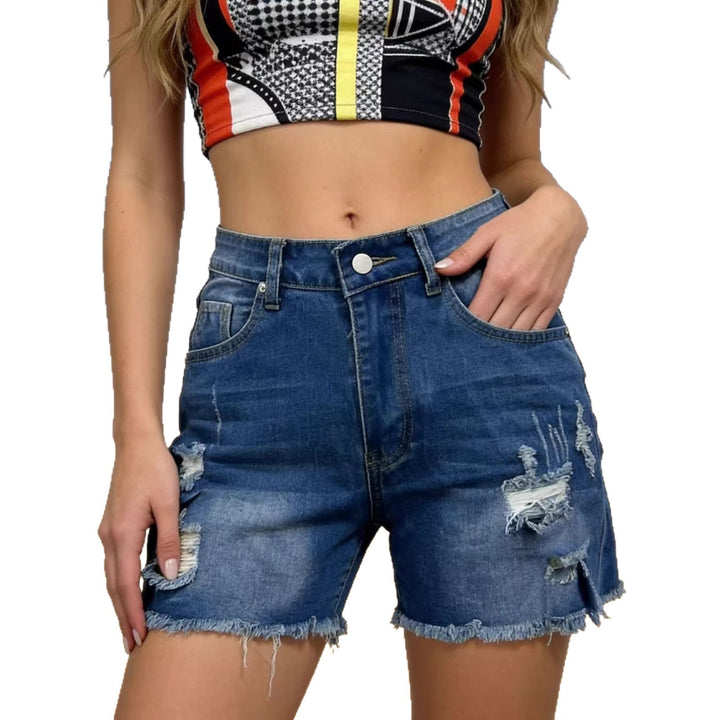 Ladies Destroyed Denim Shorts with casual cut and frayed edge Lune London