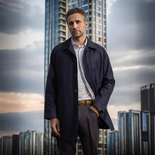 Lightweight transitional jacket for men with a minimalist design featuring practical buttons and large pockets Lune London