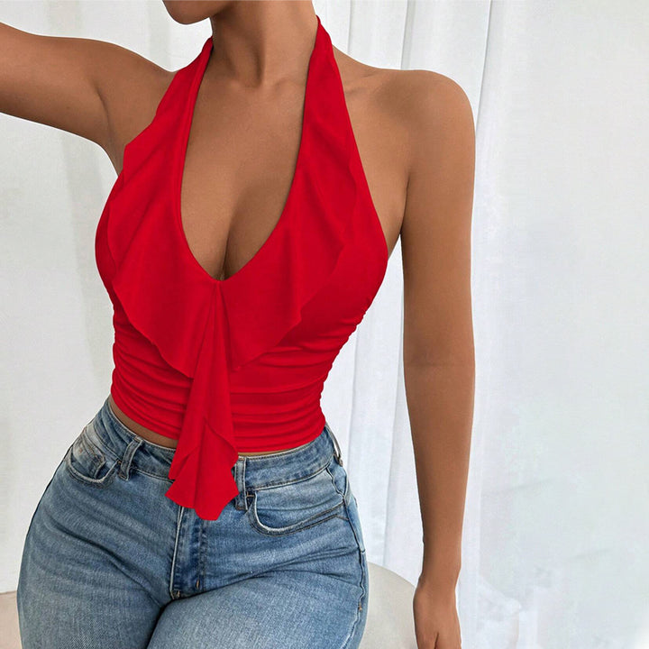 Haut femme avec bretelles dénudées en tissu fluide et design élégant à volants Chic & Stil