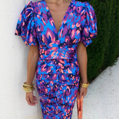 Fitted evening dress for women with puff sleeves and V-neck Lune London
