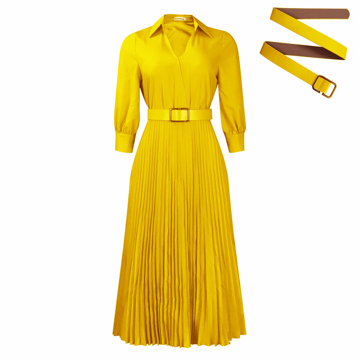 Pleated shirt dress for women with a belted waist and long sleeves Lune London